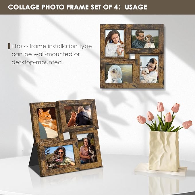 3.5x5 Picture Frame Tempered Glass Front Displays Four 3.5 x 5 Photos Frame Display for Tabletop and Wall Hanging Picture Frame Brown
