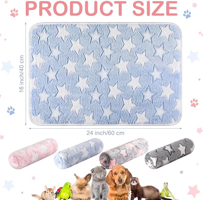Reginary 4 Pcs Guinea Pig Fleece Blankets, Cute Star, 24 x 16 Inch | Waterproof Washable Cage Liners, Absorbent Double Layer Bedding for Guinea Pigs, Reusable Pads for Hamsters Rabbits