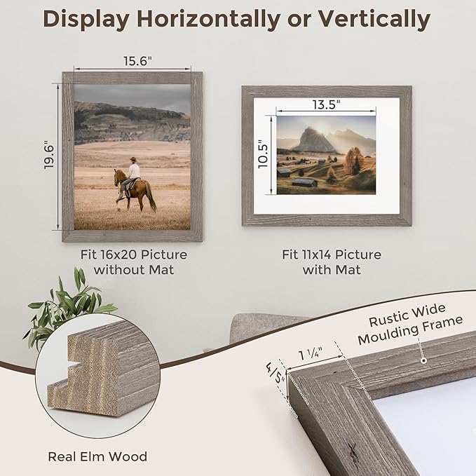 16x20 Picture Frame, Solid Wood Grain Picture Frame-Tempered Glass, Display Poster 11x14 with Mat or 16 x 20 Without Mat, Rustic Picture Frames, 16x20 Picture Frames for Wall, Grey, 1Pack