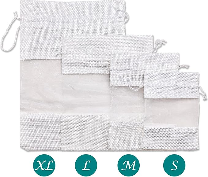 12-Pack Small Linen Burlap & Organza Gift Bags w. Drawstrings (3.5x5.5 in, White) - Party Favors, Presents, Samples & Treats Mesh Pouch by The Display Guys