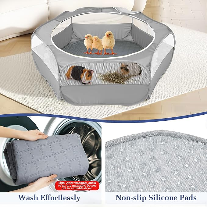 Pawaboo 2-in-1 Small Animals Playpen with Pad, Gray+Gray | Waterproof, Reusable Pad, Portable Outdoor Yard Fence with 3 Metal Rod, For Chick/Kitten/Guinea Pig/Rabbits/Chinchillas