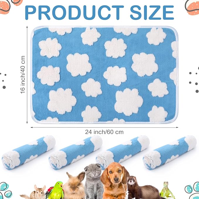 Reginary 4 Pcs Guinea Pig Fleece Blankets, White Clouds, 24 x 16 Inch | Waterproof Washable Cage Liners, Absorbent Double Layer Bedding for Guinea Pigs, Reusable Pads for Hamsters Rabbits