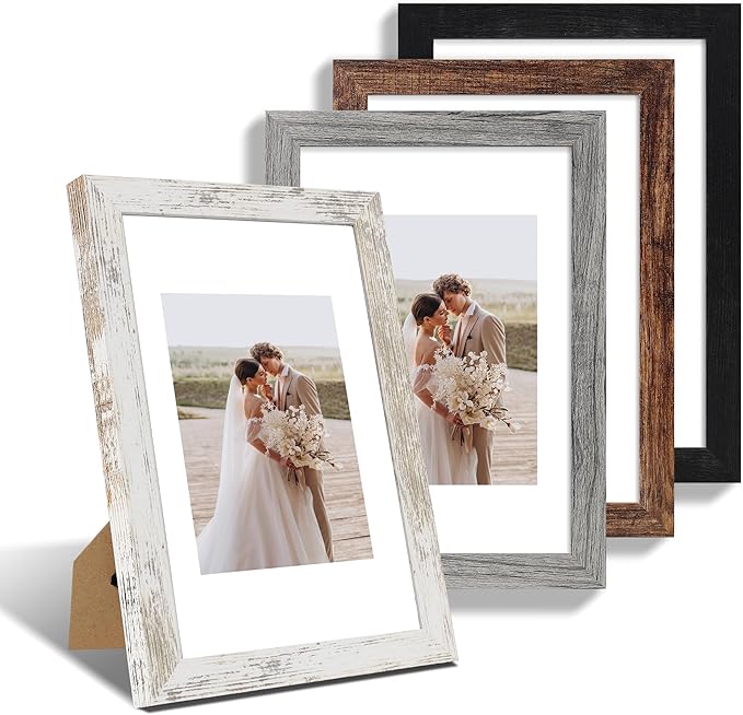 8x12 Picture Frame Set of 4, Made of Real Glass and Multicolour Wooden Frame, 8 by 12 Photo for Wall or Tabletop - Display Picture 6x8 with Mat or 8x12 Without Mat