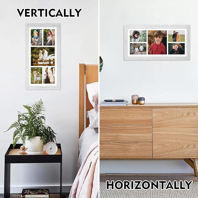 11x23 Picture Frame Display 5 opening 5x7 and 8x10 Picture Frame Collage,Multi Photo Frame with Mat,Plexiglass,Horizontal and Vertical Formats for Wall Decor,Distressed White Wood Grain