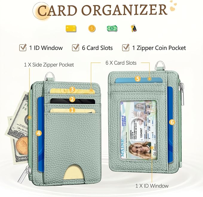 Kelvoris Credit Card Holder Small Wallet Women, Slim RFID, Green | Keychain, Zipper Coin Pocket, Front Pocket Thin Travel Card Case, Minimalist, 6 Card Slots, 1 ID Window, Ladies Gifts Woman