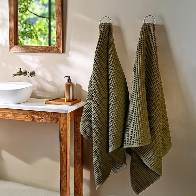 PÜSKÜL - Premium Waffle Towel Set 4 Pieces Khakie Green - Organic 100% Turkish Cotton Quick-Dry Towels for Bathroom Made in Turkiye (Khaki Green, Towel Set - 2 Hand & 2 Bath Towels)