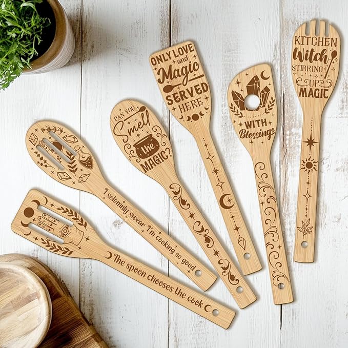 CUTHOLLOW 6PCS Magic Kitchen Wooden Kitchen Cooking Utensil Set, 11.9in Non Toxic Bamboo Wood Spoon Set for Cooking, Best Housewarming Birthday Thanksgiving Christmas Gift for Women Mother