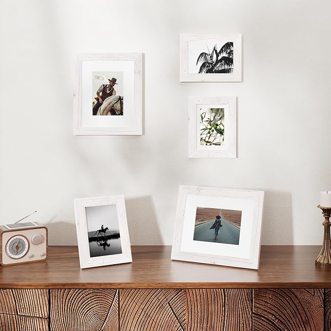 Fun Memories 5x7 Picture Frame, Natural Elm Wood, White, 5"x7" with Tempered Glass & Mat for 4x6, Rustic Wall & Tabletop Display, 1 Pack