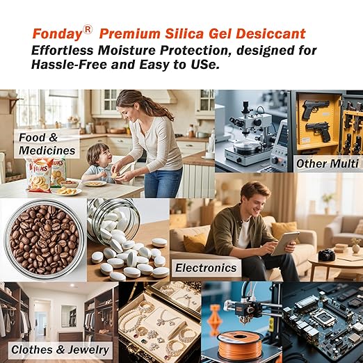 50g x 10 packs Fonday Rechargeable Silica Gel Desiccant Packets Food Grade Fast Reactivate Desiccant Bags Moisture Indicating Orange to Green