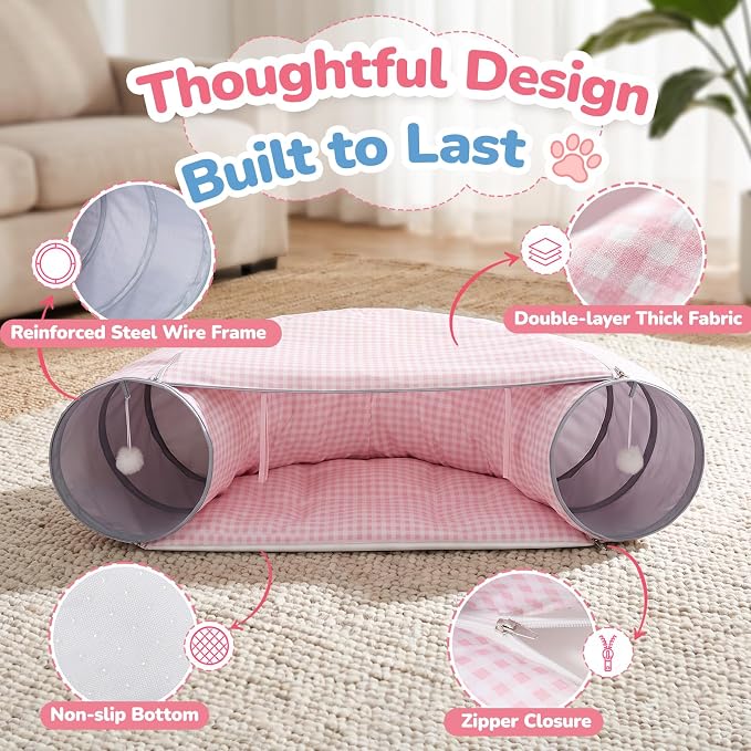 Bunny Tunnel Bed, 2-in-1 Collapsible Rabbit Guinea Pig Hideout, Pink | Removable Mat, Small Animal Tubes, Pet Rest Play Toy Indoor for Cats Kittens Rabbits Bunnies Ferret