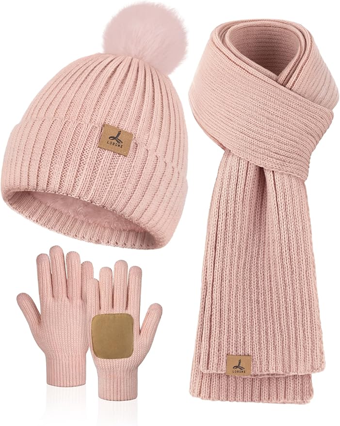 LOROME Women Winter Beanie Hat Scarf Gloves Set, Fleece Knitted Pompom Hat Warm Neck Scarf Touchscreen Gloves Winter Gift