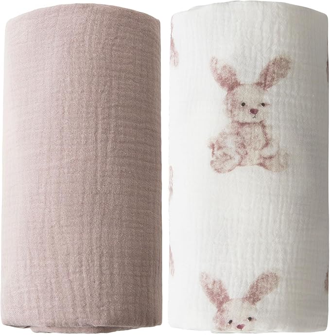 Little Jump 2-Pack Cotton Muslin Swaddle Blankets for Baby Boys Girls - Boho Baby Blanket for Boys & Girls- Large 47 x 47 inches Receiving Blanket Neutral (Bunny)