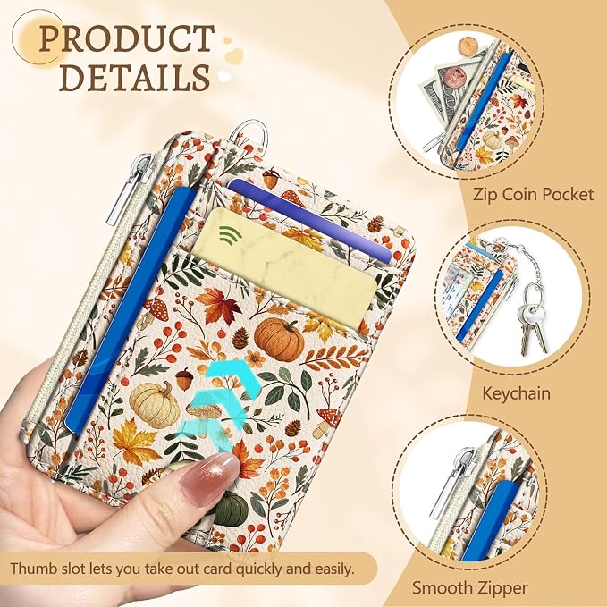 Kelvoris Credit Card Holder Small Wallet Women, Slim RFID, Fall Leaf | Keychain, Zipper Coin Pocket, Front Pocket Thin Travel Card Case, Minimalist, 6 Card Slots, 1 ID Window, Ladies Gifts Woman