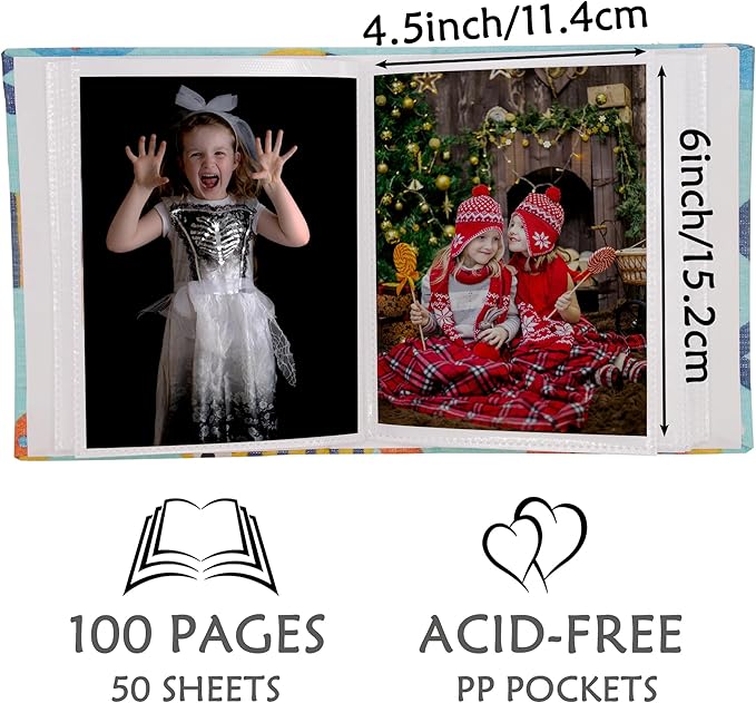 Small Photo Album for Kids, 100 Pockets 4x6 Bookshelf Baby Picture Album, Slip-in Linen Cover Photo Book for Family(Fish)