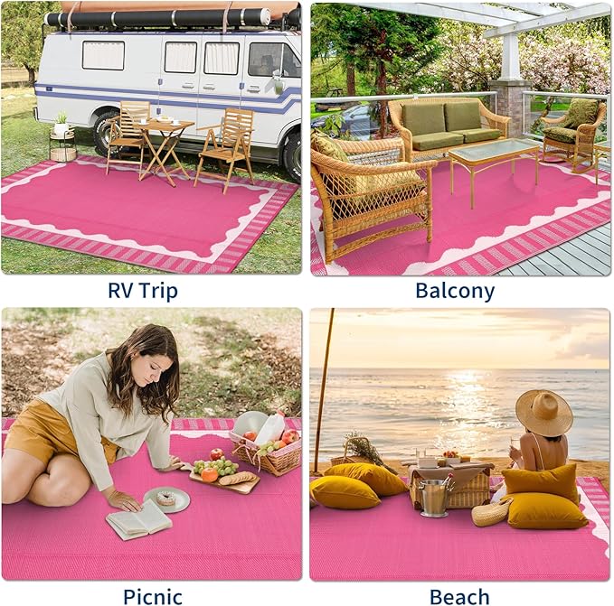 Waterproof Plastic Straw Outdoor Rug 9x18 Patio Reversible UV Resistant Foldable Camping Carpet Scalloped Border Large Outdoor Rugs for Deck, Picnic, Porch, Camper, Balcony, Beach，Rose Pink