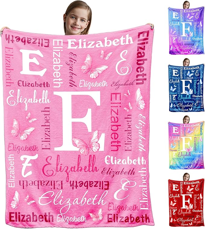 Custom Name Blanket Personalized Throw-Blanket with Names for Boys Girls Kids Teen Baby Pink Butterfly Pattern Customied Name Blanket Customizable Gift for Adult Men Womens Christmas Brithday