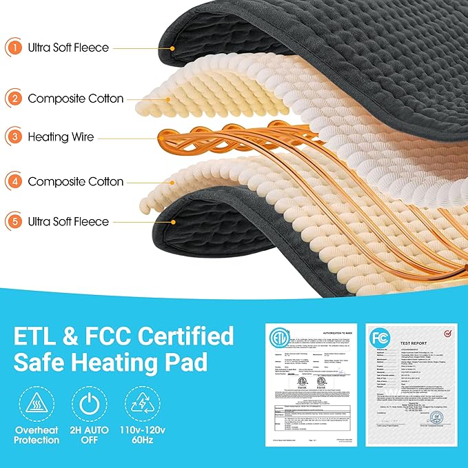 Boileau Electric Heating Pad for Back Pain and Period Cramps Relief, 17"x33" Extra Large XXXL, 3 Heating Levels Heat Pad with 2-Hour Auto Shut Off, Gifts for Women and Mom, Grey