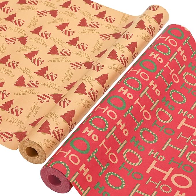 AhfuLife 2 Rolls Christmas Wrapping Paper - 17 Inch × 49.2 Feet Per Roll, Recyclable Red Brown Kraft Xmas Wrapping Paper for Gift Box Decoration