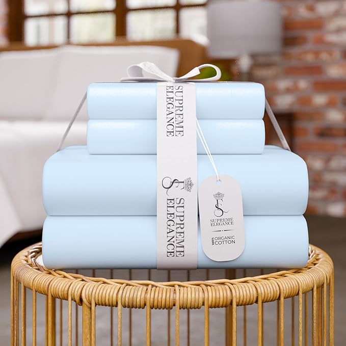Sky Blue Organic 100% Cotton Full Bed Sheets – Ultra Light, Breathable, Cool & Crisp – Wicks Away Moisture, Deep Pocket, Fully Elasticized – 4 Piece Sheet Set, Fits up to 18” Mattress