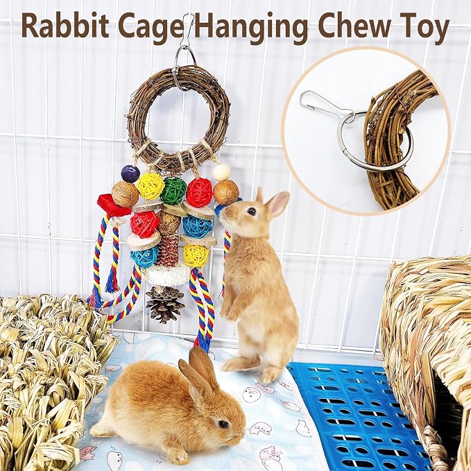 Bunny Chew Treats Toy for Teeth, 2PCS Rabbit Cage Hanging Chew Toys and Rattan Ring with Snack,Natural Material Chinchilla Treats Toys for Guinea Pig Gerbils Hamster Rat Teeth Grinding