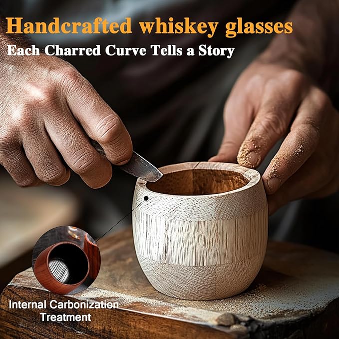 Charred Wooden Bourbon Drinking Glass- Bourbon Gifts for Men, Handcrafted Whiskey Glasses, Wooden Old Fashioned Glass,Unique Whiskey Gifts for Men, Dad, Husband or Bourbon Lovers (4 Pack)