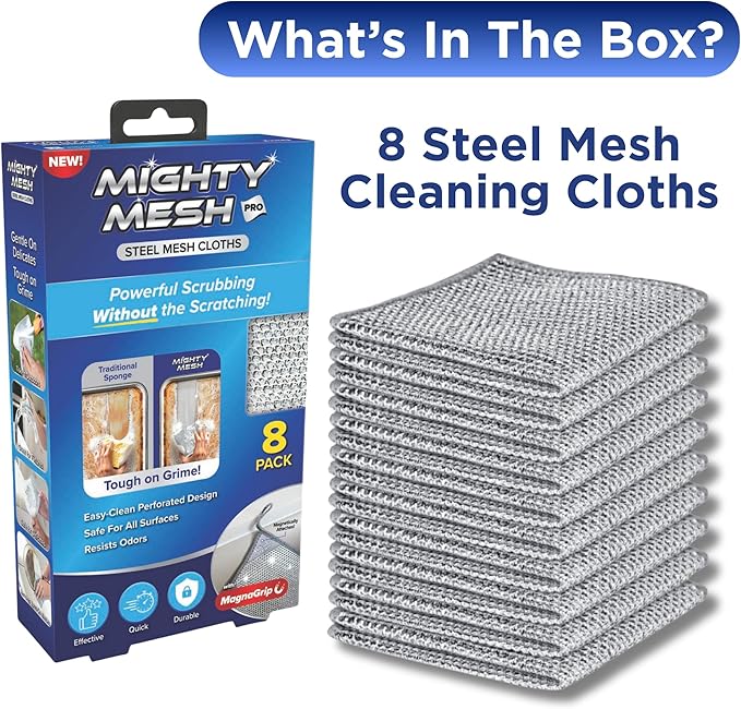 Mighty Mesh Pro Steel Mesh Cloths (8 Pack) with MagnaGrip Magnetic Storage | Powerful, Non-Scratch Kitchen Scrubber | Easy-Clean, Odor-Resistant Design for All Surfaces