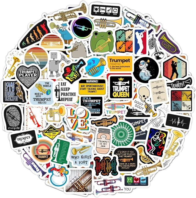 100Pcs Trumpet Stickers for Water Bottle and Laptop - Musical Party Supplies & Decorations, Waterproof Vinyl Instrument Decals, Trumpet and Jazz Stickers Laptop Decals, Gifts for Women & Men