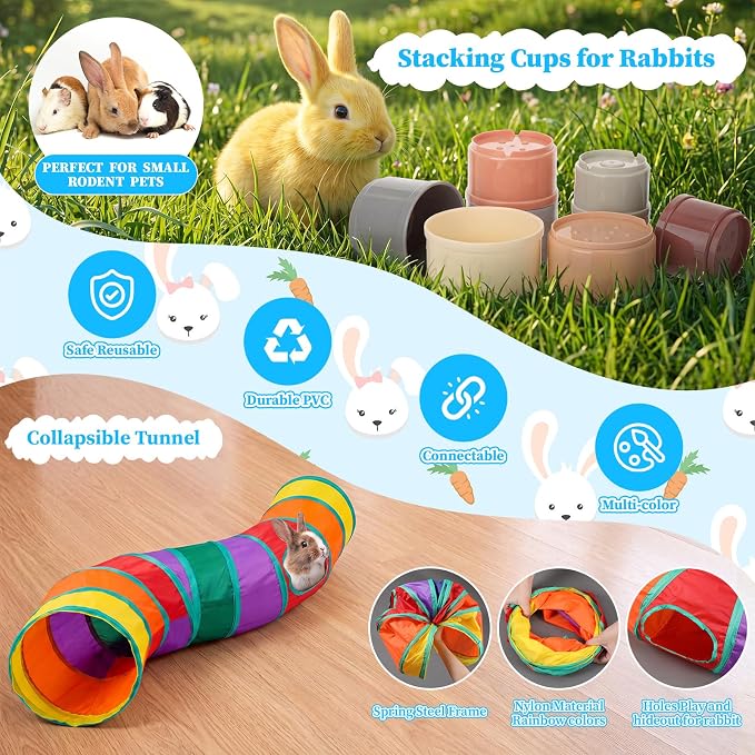 34 Pcs Rabbit Starter Kit Rabbit Litter Box Small Animal Water Bottle Cups Bunny Tunnels Animal Grooming Kit Bowl Blanket with Cleaning Set for Guinea Pig Bunny(Style 3,Light Blue)