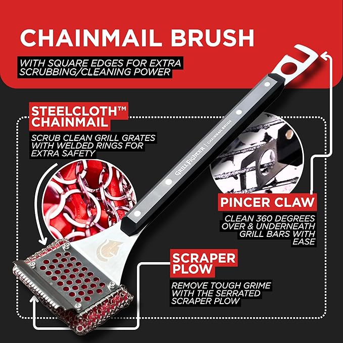 Grill Brush, Steel Bristle-Free BBQ Grill Cleaner with SteelCloth™ Stainless Steel Chainmail, Ergonomic Handle for Cast Iron, Stainless Steel & Porcelain-Coated Grates, 1 Pack