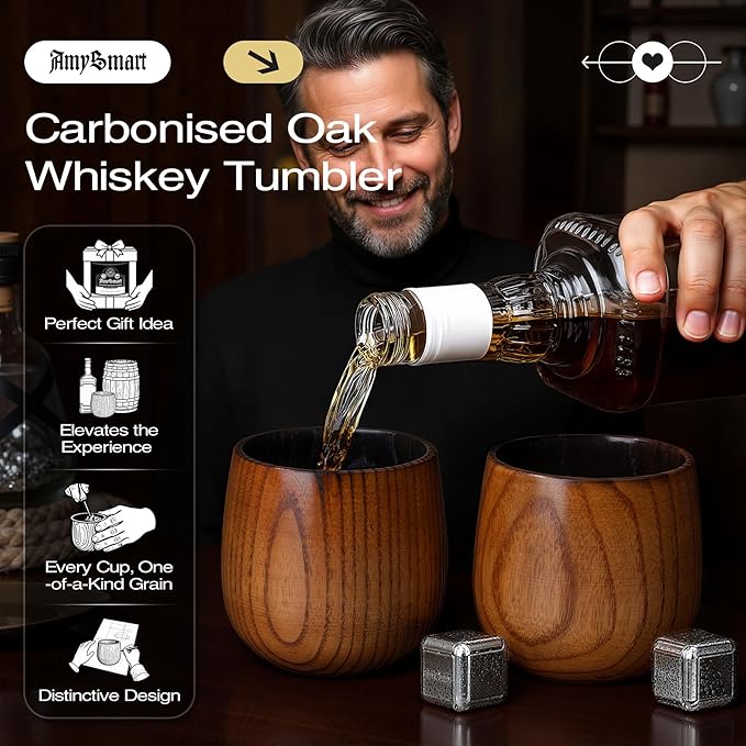 Handcrafted Wooden Whiskey Glass with Gift Tube – Charred Old Fashioned Glass,Charred Bourbon Drinking Cup | Unique Whiskey Gift for Men, Dad, Husband, Friends, Birthday & Holiday (2 Pack Charred)