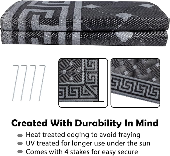 SAND MINE Reversible Mats, Plastic Straw Rug, Modern Area Rug, Large Floor Mat and Rug for Outdoors, RV, Patio, Backyard, Deck, Picnic, Beach, Camping (9' x 12', Black & Grey)