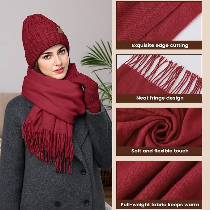 Women Winter Hat Beanie+Long Scarf+Touch Screen Gloves Set, Warm Clothes Set with Knit Fleece Lined for Women/Men Winter