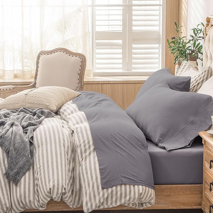 PURE ERA Jersey Knit 4pc Bed Sheet Set 100% T-Shirt Cotton Super Soft Comfy Breathable Fits Mattress Up to 20" Extra Deep Pocket (Solid Grey Purple, King)
