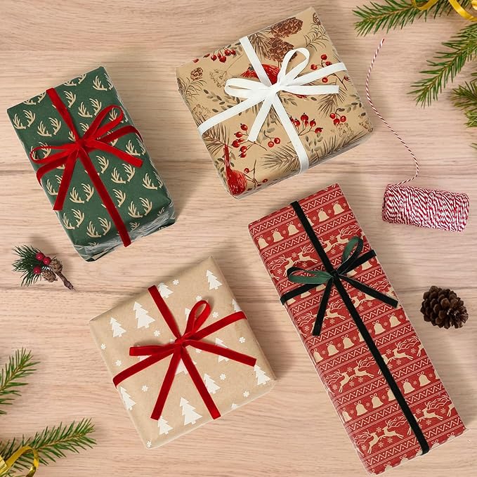 YANGTE Vintage Christmas Wrapping Paper - Brown Kraft Gift Wrap 4 Rolls, 17x120 Inch, Holiday Paper with Classic Brown and Red Patterns for Xmas Gifts
