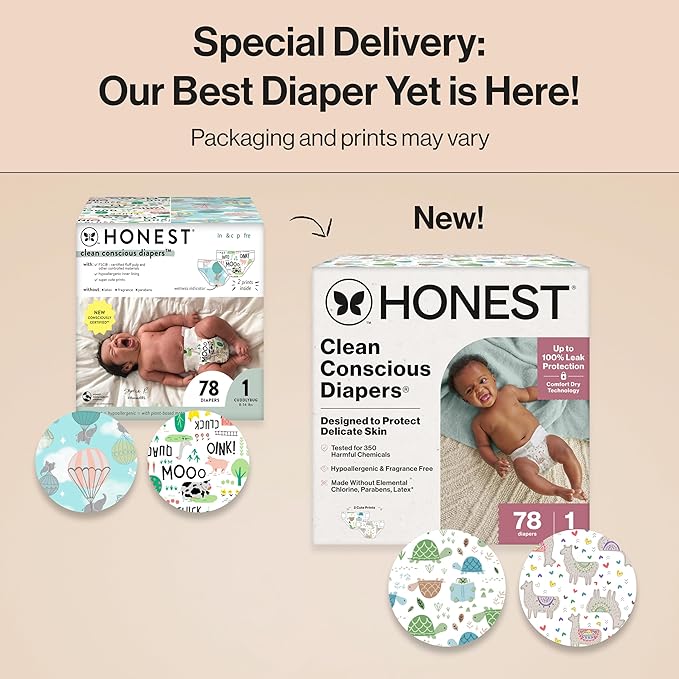 The Honest Company Clean Conscious Diapers for Delicate Skin Up to 100% Leakproof Hypoallergenic Fragrance-Free Baby Gender Neutral Prints Club Box Size 1 (8-14 lbs) 78 Count