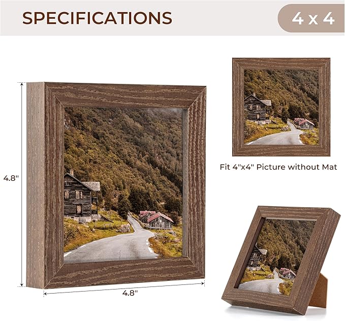 Fun Memories 4x4 Picture Frame, Solid White Oak Wood Frame 4 by 4, 4 x 4 Square Photo Frame with Tempered Real Glass, Rustic Wooden Frame 4""x4"" for Wall & Tabletop Display, Walnut Color, Set of 2