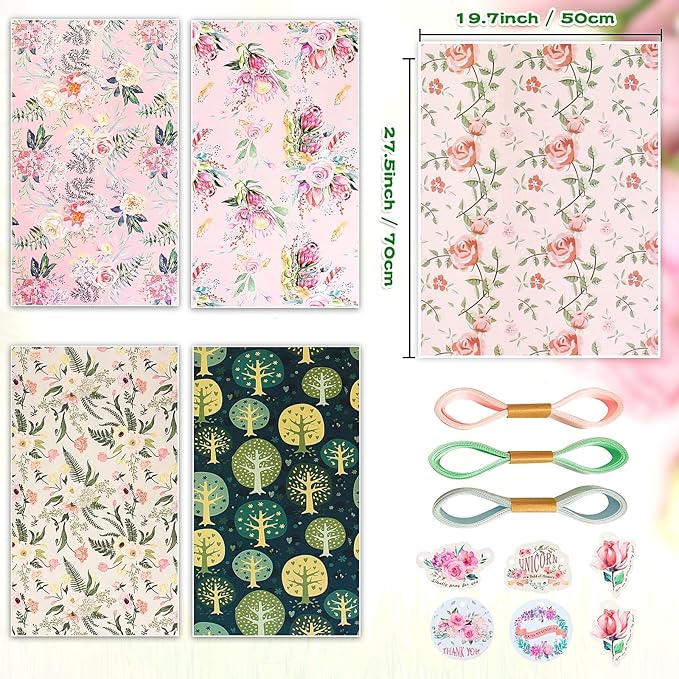 Wrapping Paper with Pastel Purple Pink Green Floral Making,Gift Wrapping Paper Set for Women Girl Baby,Birthday Wrap Birthday Paper with Tags Ribbon,Baby Shower wrap