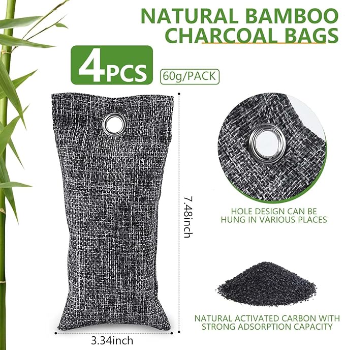 WSSROGY 4 Pack Activated Charcoal Odor Absorber, Bamboo Charcoal Air Purifying Bags Odor Eliminator Air Freshener Deodorizer for Shoe, Closet, Car, Basement