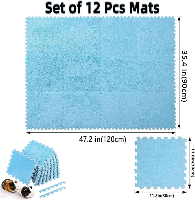 BNOSDM 12Pcs Guinea Pig Plush Pads, Reusable Rabbit Sleeping Floor Mats with Edging, Washable Guinea Pig Fleece Cage Liners, Soft Warm Bunny Bedding, Cage Pad for Small Animals (11.8", Blue)