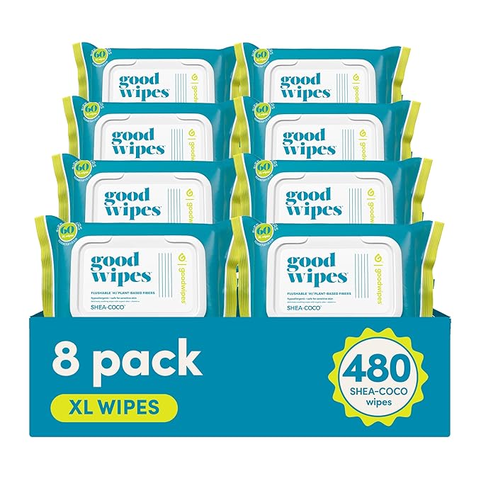 goodwipes Flushable Butt Wipes Made with Vitamin E & Aloe - Soft & Gentle Wet Wipe Dispenser for Home Use, Septic & Sewer Safe - Largest Adult Toilet Towelettes - Shea-Coco, 60 Count (Pack of 8)