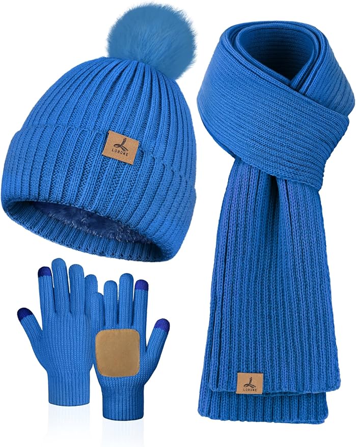 LOROME Women Winter Beanie Hat Scarf Gloves Set, Fleece Knitted Pompom Hat Warm Neck Scarf Touchscreen Gloves Winter Gift