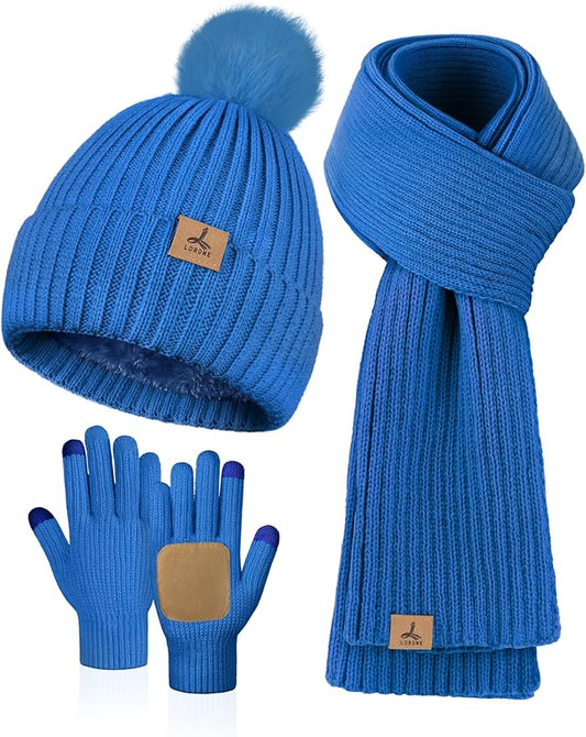 LOROME Women Winter Beanie Hat Scarf Gloves Set, Fleece Knitted Pompom Hat Warm Neck Scarf Touchscreen Gloves Winter Gift