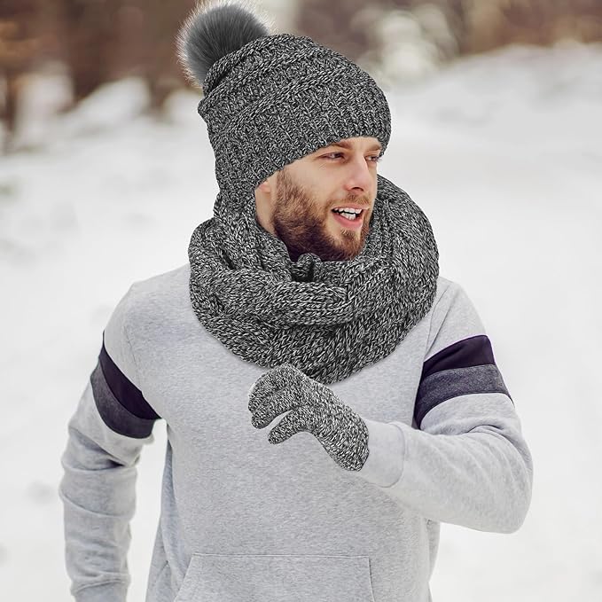 Aneco Womens Winter Warm Sets Knitted Fur Pompoms Beanie Hat Circle Loop Scarf Touch Screen Gloves Winter Favor Accessories