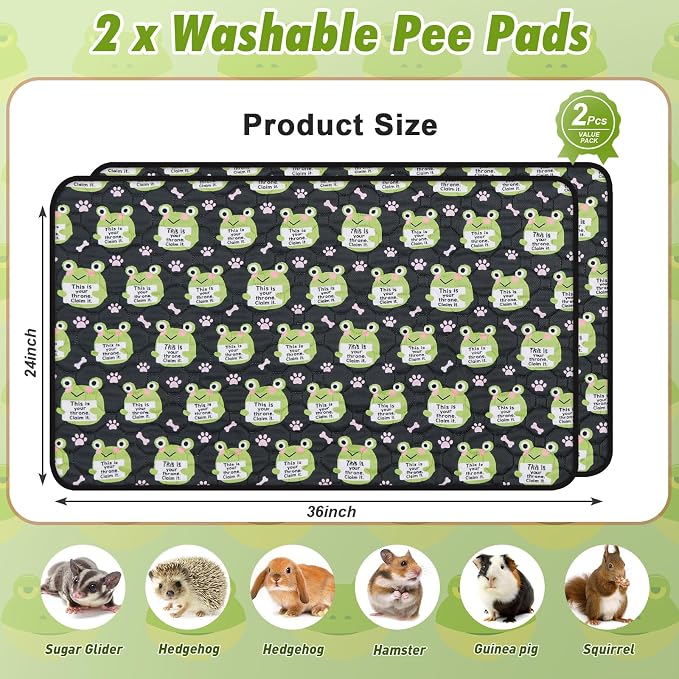 2PCS Reusable Guinea Pig Cage Liners,24"x36"Washable Fast Absorbent Odor Resistant Anti-Slip Training Pee Pads, Funny Frog Pattern,Options for Guinea Pigs, Rabbits, Hamsters, Rats, Chinchillas