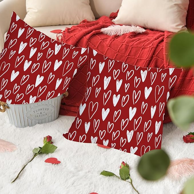 Fukeen 2 Pack Waterproof Outdoor Valentines Day Pillow Covers 16x16 Inch White Red Love Heart Holiday Throw Pillow Cases Romantic Valentine Farmhouse Decorations Cushion Cover Double Sided
