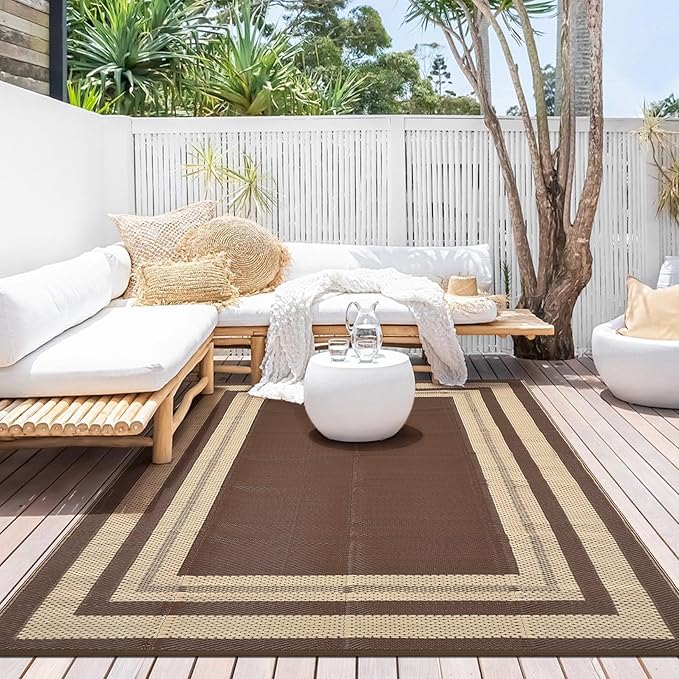 Outdoor Rug 8x10 Waterproof Patio Rugs Modern Border Reversible Mat for Front Door Rv Foldable Plastic Straw Carpet for Travel Trailers, Deck, Picnic, Porch, Camper, Balcony, Beach，Brown