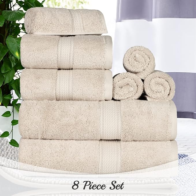 BLUENILEMILLS Madison Egyptian Cotton Towels, Towel Set for Bathroom, Shower, Hotel, Plush, 900 GSM, Highly Absorbent and Ultra-Soft Towels, Bath Essentials, 8 Piece Assorted Towel Set, Cream
