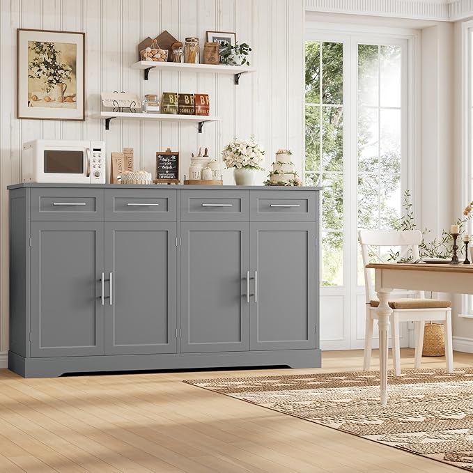 HOSTACK 60" Large Buffet Sideboard with Storage, 36" Tall Kitchen Buffet Storage Cabinet with 4 Drawers, Modern Coffee Bar Cabinet with Gold Handles, Long Sideboard Buffet Table for Kichen, Grey