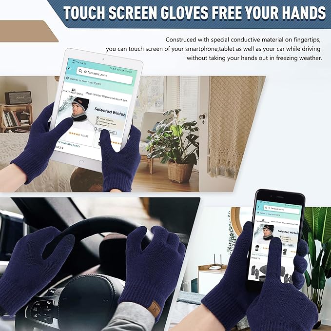 Winter Beanie Hat Scarf Touchscreen Gloves Set for Men and Women, Beanie Gloves Neck Warmer Set with Warm Knit Fleece Lined