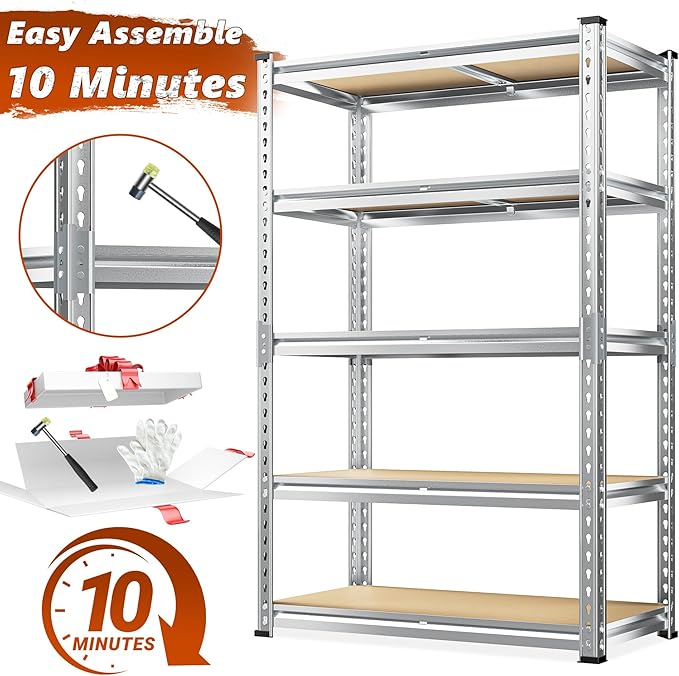 REIBII Garage Shelving, 5 Tier Storage Shelves Load 2400LBS, Adjustable Garage Shelving Heavy Duty, Metal Shelving Unit with Waterproof Columns, 35.5" W x 11.9" D x 72" H, Galvanized, 3 Pack